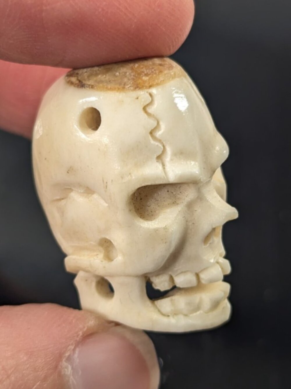 Vintage Memento Mori Deer Antler Carved Skull pendant, human skull bead